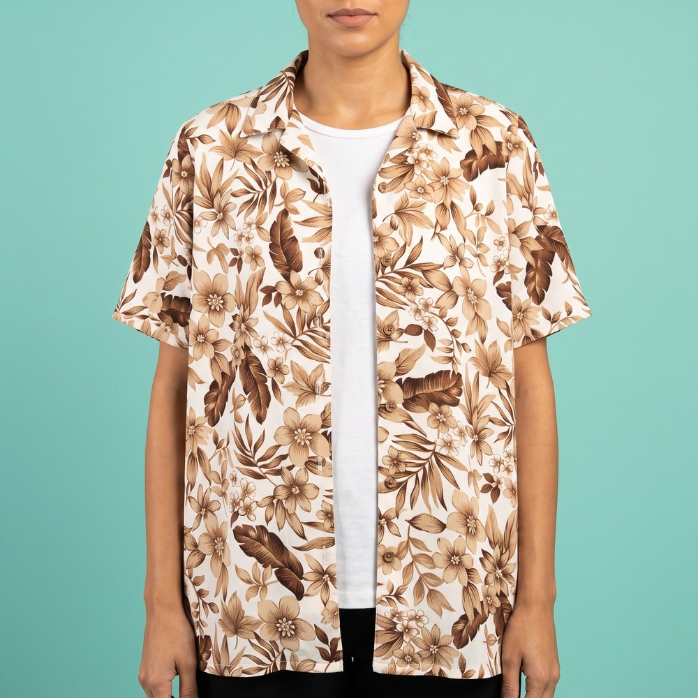 BonWorth Button Down Women Large Brown Floral Tropical Short Sleeve EUC
